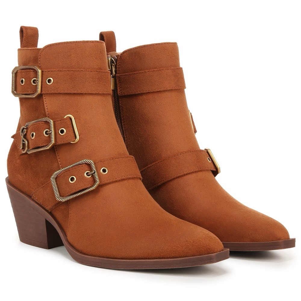 Sam & Libby Tan Ankle Boots with Gold Buckles